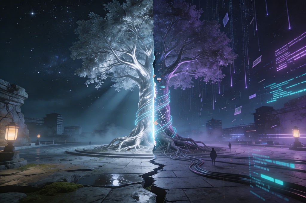 A wide 3:2 scene of the Chrono Arbor rising from a fractured stone plaza in Nexus Prime—left side soft and organic with moss, lantern glow, and distant mountains, right side bathed in violet and cyan neon where cables, floating data shards, and falling code wrap the roots, the tree’s trunk glowing like a vertical tear in reality, embodying the Caesura Protocol’s living pause between timelines.